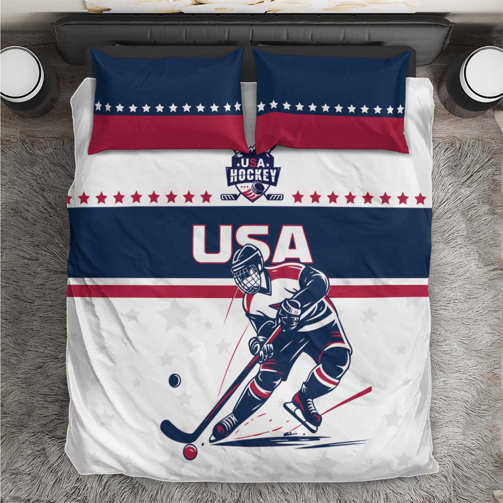 USA hockey bedding set with blue and white duvet, red star pillows, player graphic