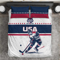 USA hockey bedding set with blue and white duvet, red star pillows, player graphic