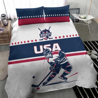 USA hockey bedding set featuring blue and white duvet with USA text, two matching pillows