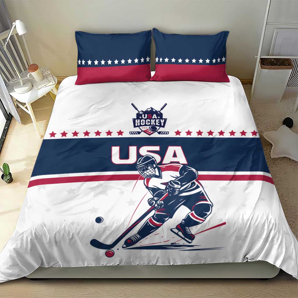 USA hockey bedding set with white and blue duvet, red stripe accents, two star pillows