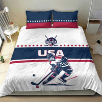 USA hockey bedding set with white and blue duvet, red stripe accents, two star pillows