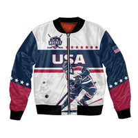 White, navy and red USA ice hockey bomber jacket with front zipper and player graphic