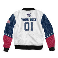 White bomber jacket back with navy sleeves, USA flag stars, 'YOUR TEXT' and '01' print