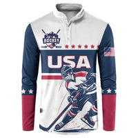 Button sweatshirt with USA hockey player print; stars, red/blue sleeves