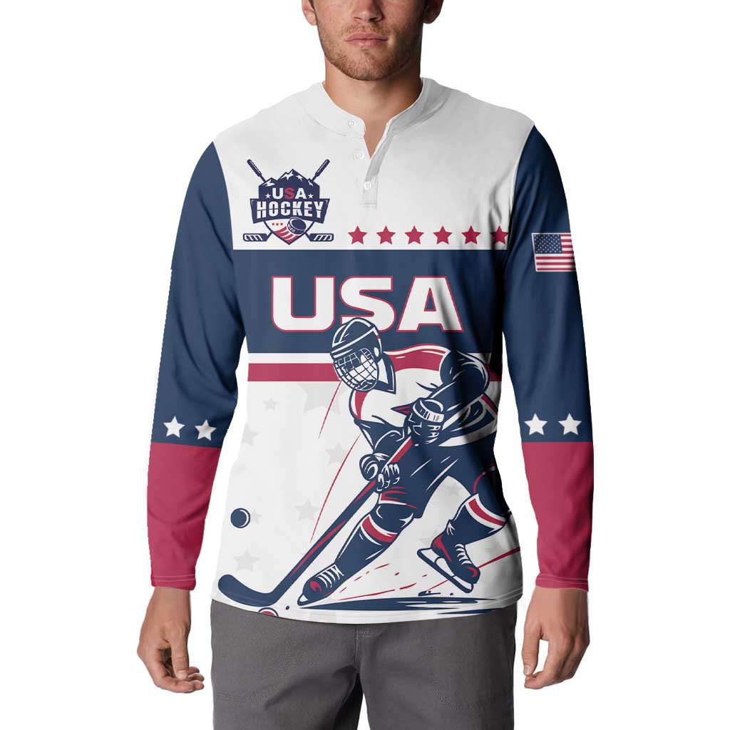 Button sweatshirt with USA hockey player print and red/blue color-block sleeves