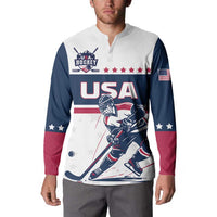 Button sweatshirt with USA hockey player print and red/blue color-block sleeves