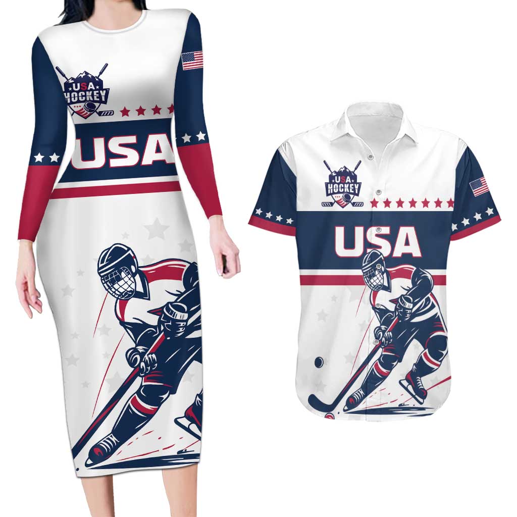 Custom USA Hockey Couples Matching Long Sleeve Bodycon Dress and Hawaiian Shirt Team USA Champions - Wonder Print Shop