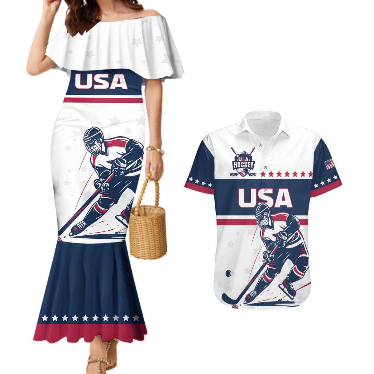 Custom USA Hockey Couples Matching Mermaid Dress and Hawaiian Shirt Team USA Champions - Wonder Print Shop