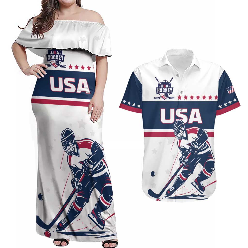 Custom USA Hockey Couples Matching Off Shoulder Maxi Dress and Hawaiian Shirt Team USA Champions - Wonder Print Shop