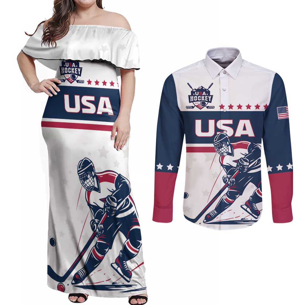 Custom USA Hockey Couples Matching Off Shoulder Maxi Dress and Long Sleeve Button Shirt Team USA Champions - Wonder Print Shop