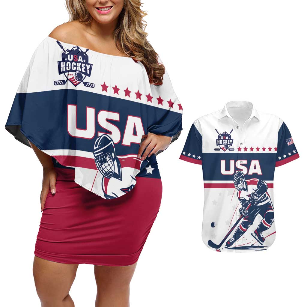 Custom USA Hockey Couples Matching Off Shoulder Short Dress and Hawaiian Shirt Team USA Champions - Wonder Print Shop