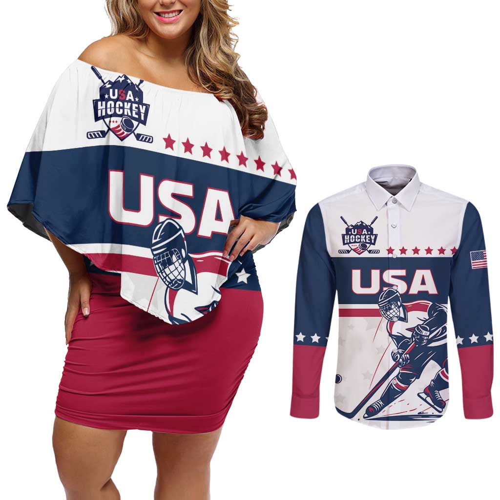 Custom USA Hockey Couples Matching Off Shoulder Short Dress and Long Sleeve Button Shirt Team USA Champions - Wonder Print Shop