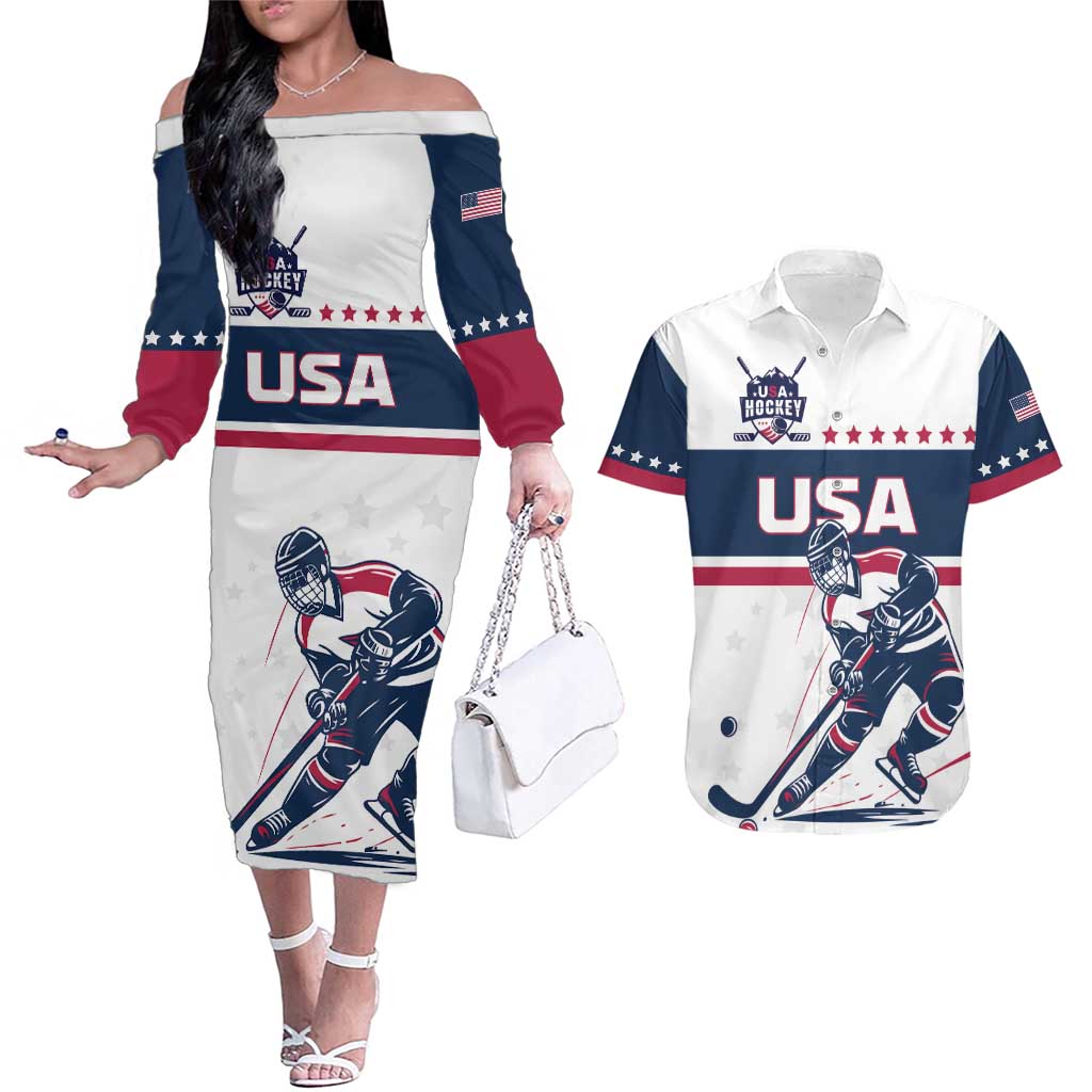 Custom USA Hockey Couples Matching Off The Shoulder Long Sleeve Dress and Hawaiian Shirt Team USA Champions - Wonder Print Shop