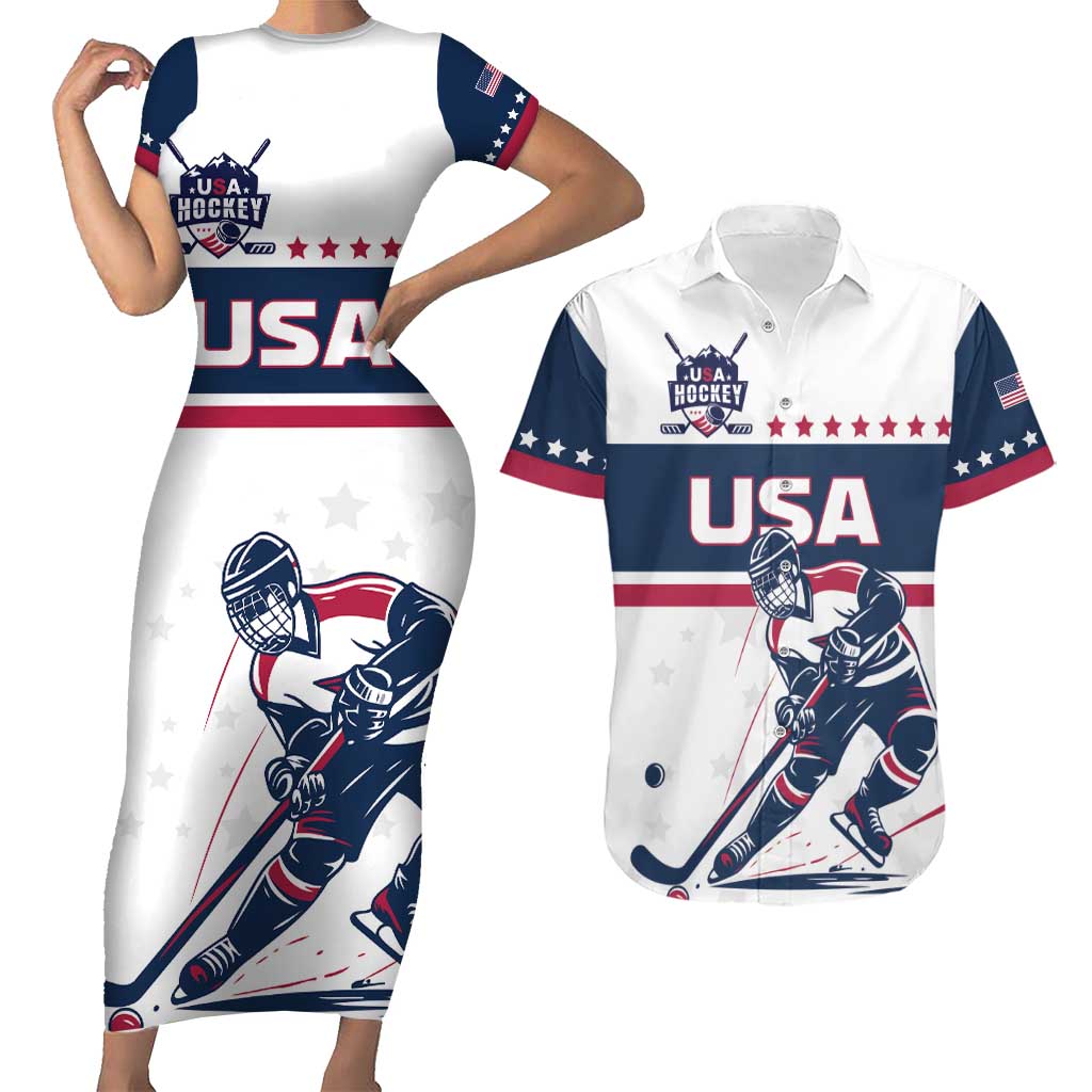 Custom USA Hockey Couples Matching Short Sleeve Bodycon Dress and Hawaiian Shirt Team USA Champions - Wonder Print Shop