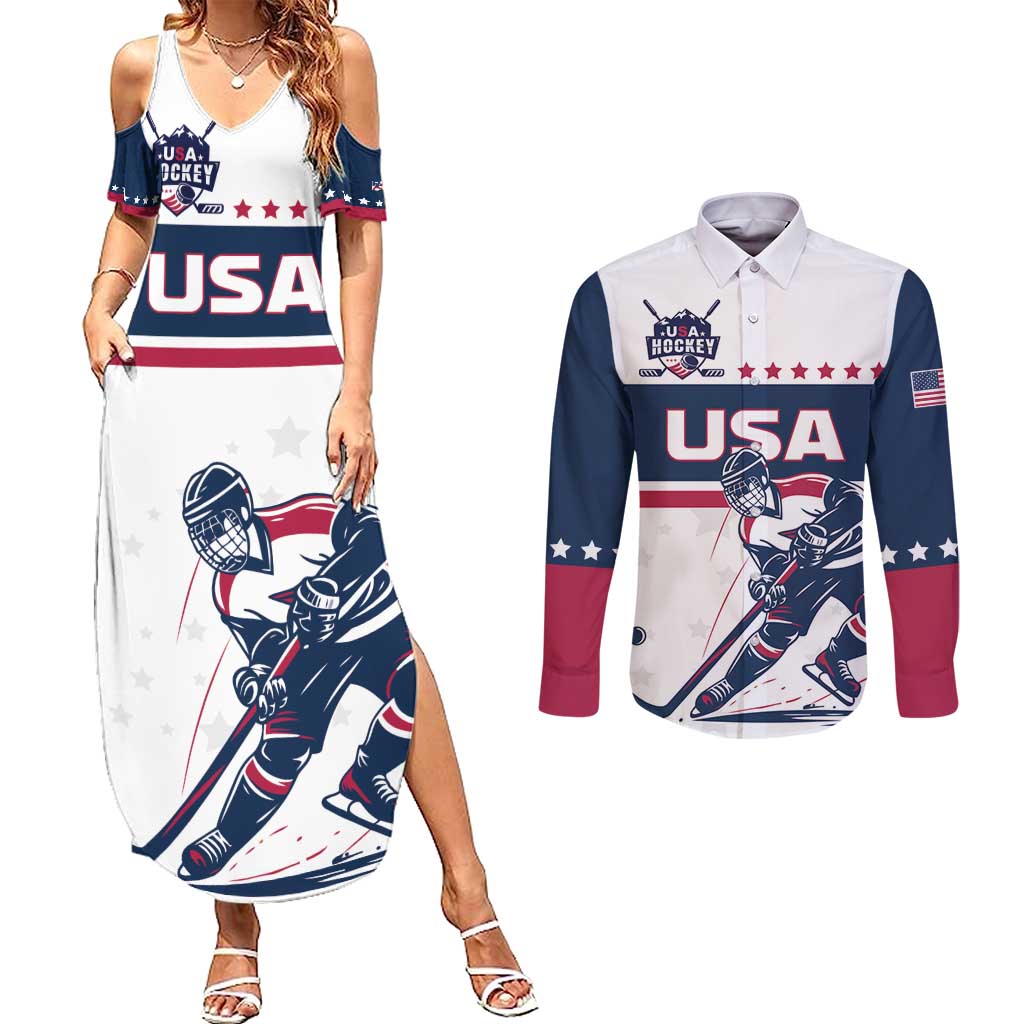 Custom USA Hockey Couples Matching Summer Maxi Dress and Long Sleeve Button Shirt Team USA Champions - Wonder Print Shop