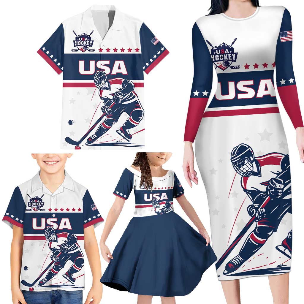 Custom USA Hockey Family Matching Long Sleeve Bodycon Dress and Hawaiian Shirt Team USA Champions - Wonder Print Shop