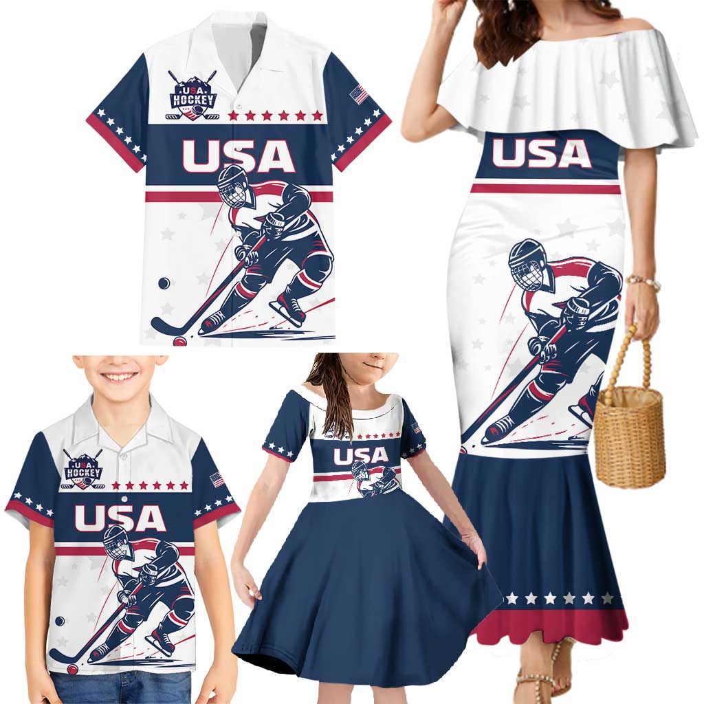 Custom USA Hockey Family Matching Mermaid Dress and Hawaiian Shirt Team USA Champions - Wonder Print Shop