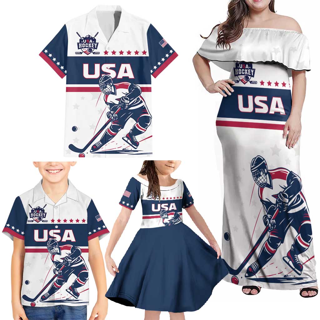 Custom USA Hockey Family Matching Off Shoulder Maxi Dress and Hawaiian Shirt Team USA Champions - Wonder Print Shop