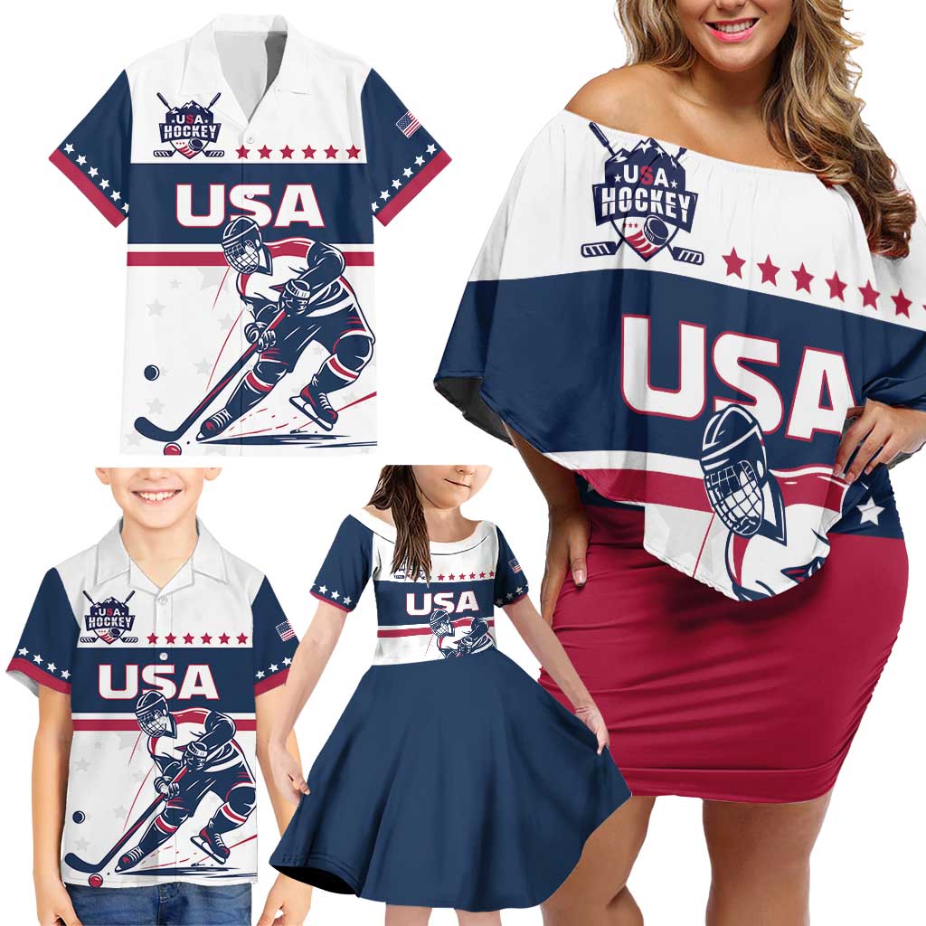 Custom USA Hockey Family Matching Off Shoulder Short Dress and Hawaiian Shirt Team USA Champions - Wonder Print Shop