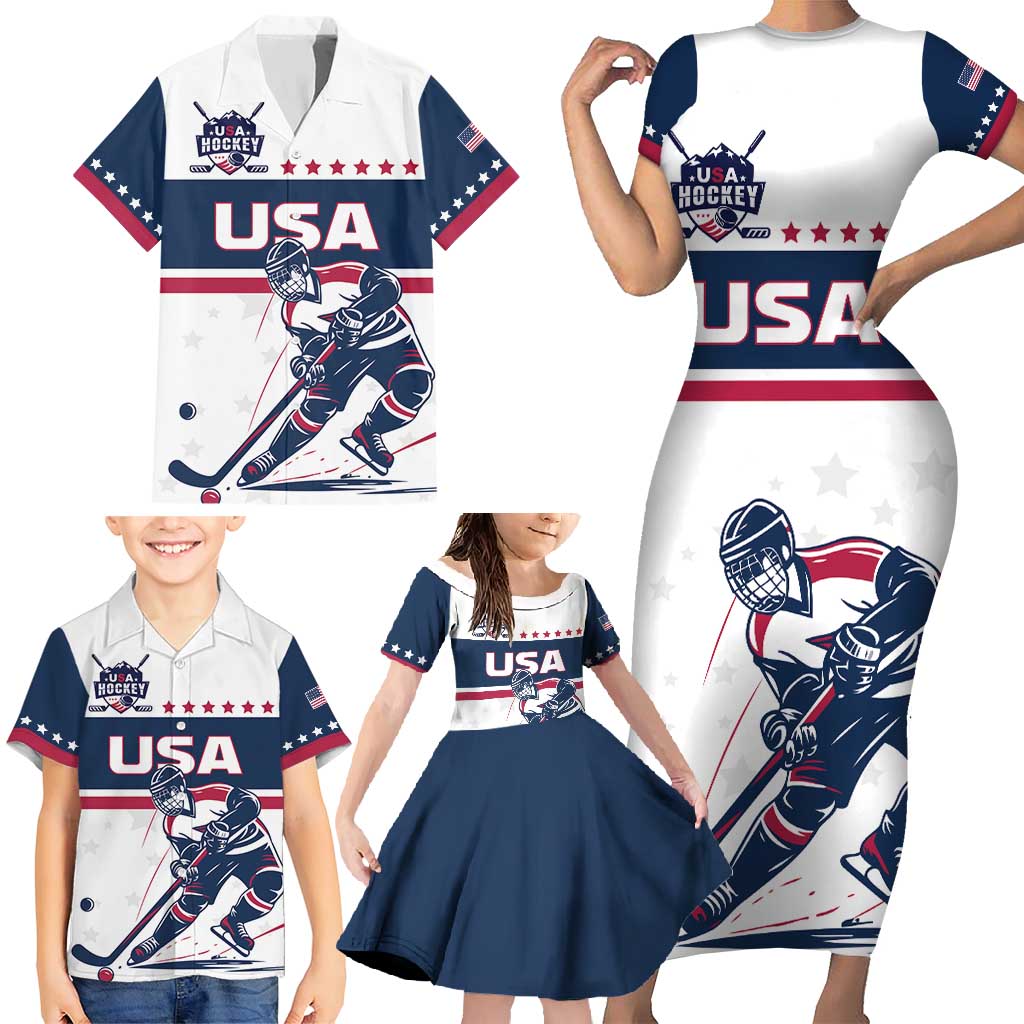 Custom USA Hockey Family Matching Short Sleeve Bodycon Dress and Hawaiian Shirt Team USA Champions - Wonder Print Shop