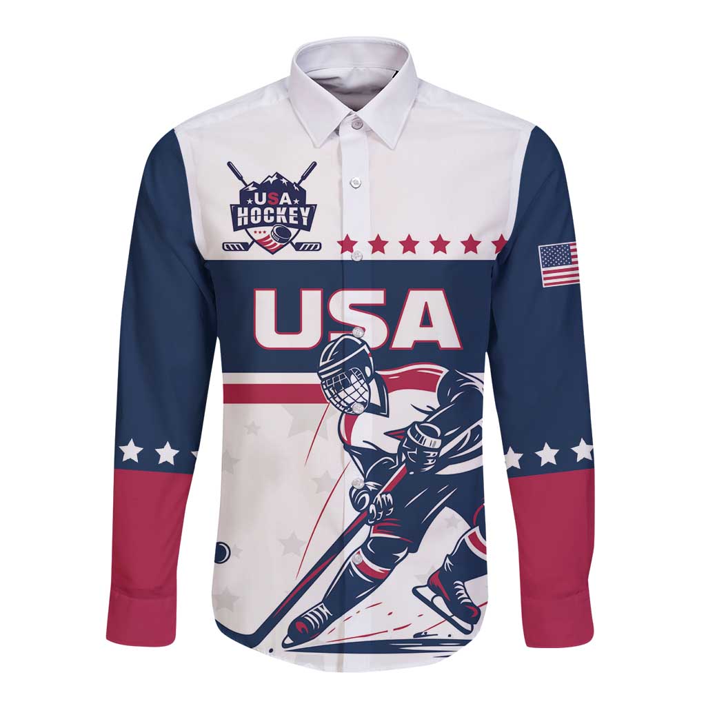 White, navy, and red long-sleeve button shirt with USA hockey front graphic and stars
