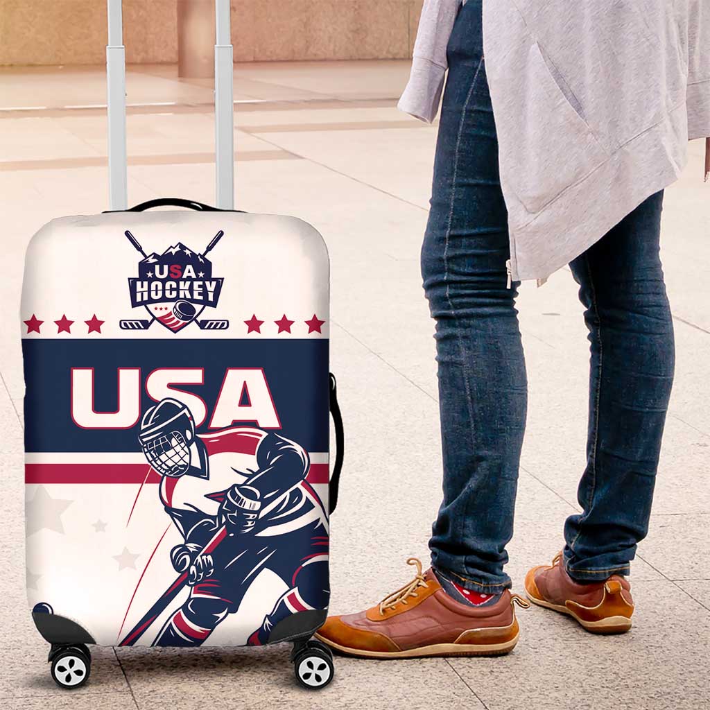 White hockey team luggage cover with USA-themed goalie graphic and four spinner wheels