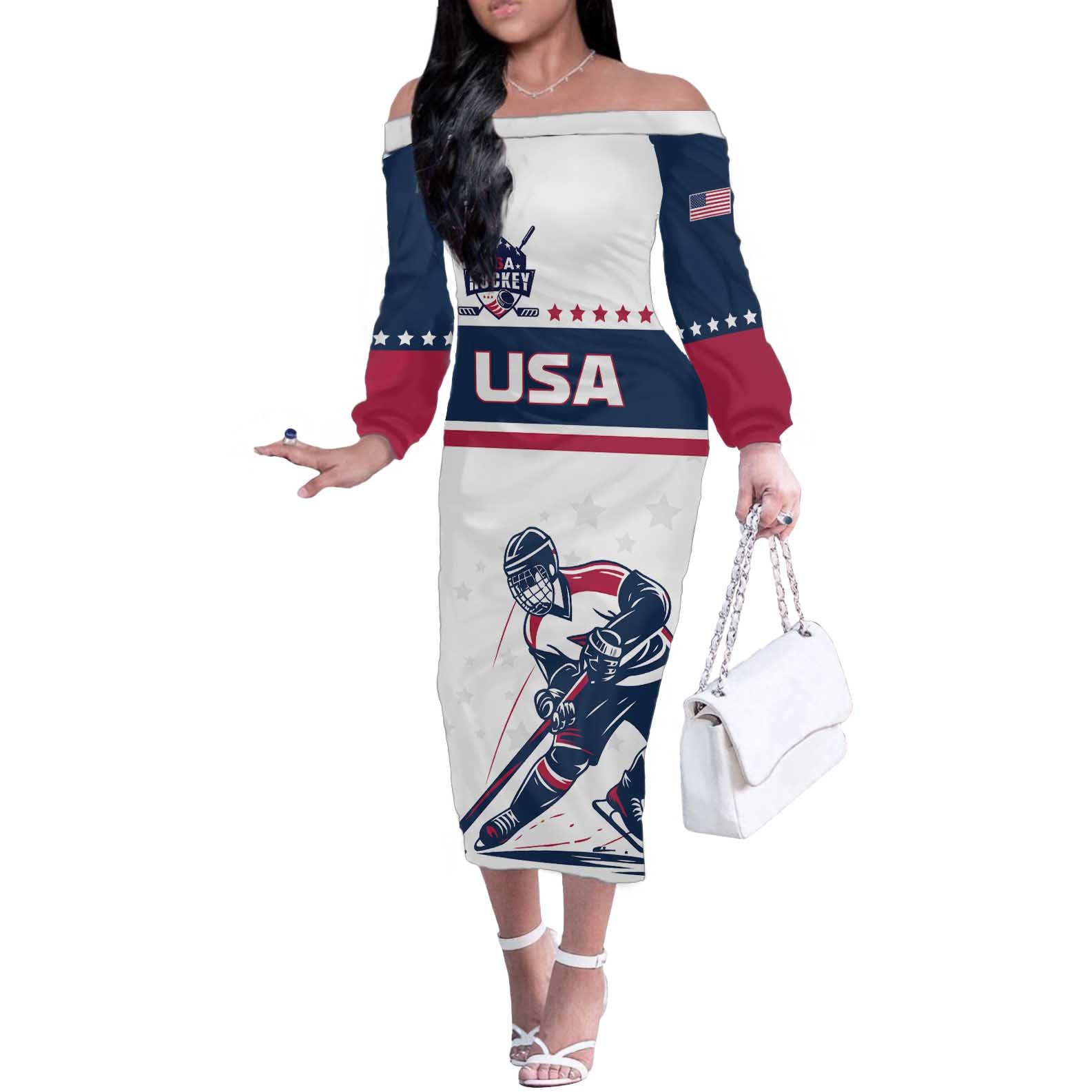 Custom USA Hockey Off The Shoulder Long Sleeve Dress Team USA Champions - Wonder Print Shop