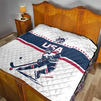USA ice hockey quilt on a bed with white base, navy band, red stripe, and player graphic