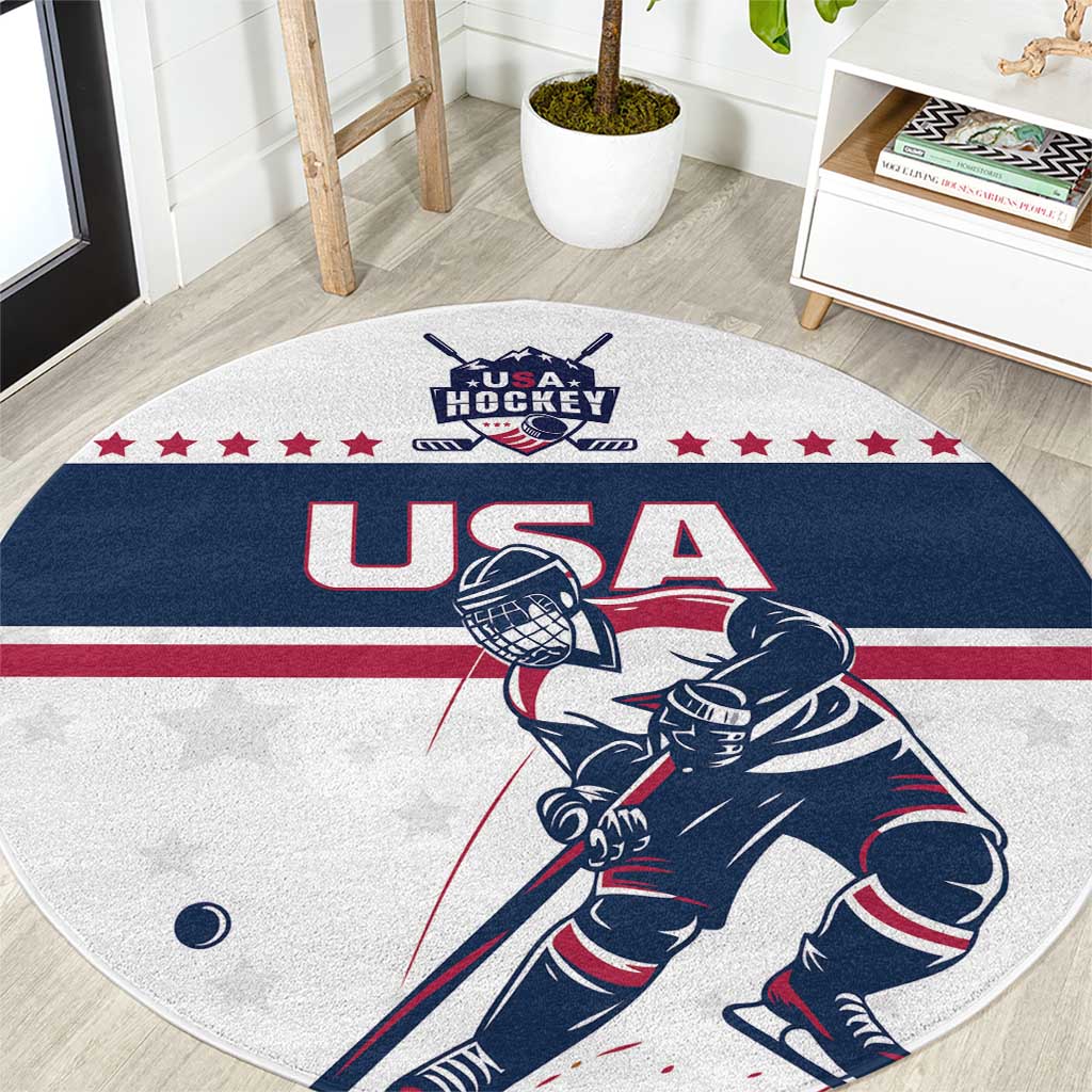Round rug with USA Hockey logo and navy/red player graphic on white
