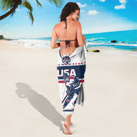 White USA hockey sarong wrap with navy-and-red border and skater emblem