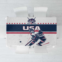 White ice hockey tablecloth with USA stars and hockey player graphic, red and navy stripes