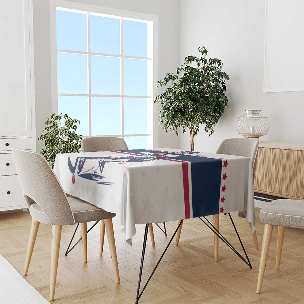 White ice hockey tablecloth draped on dining table, USA stars, navy stripe and hockey graphic