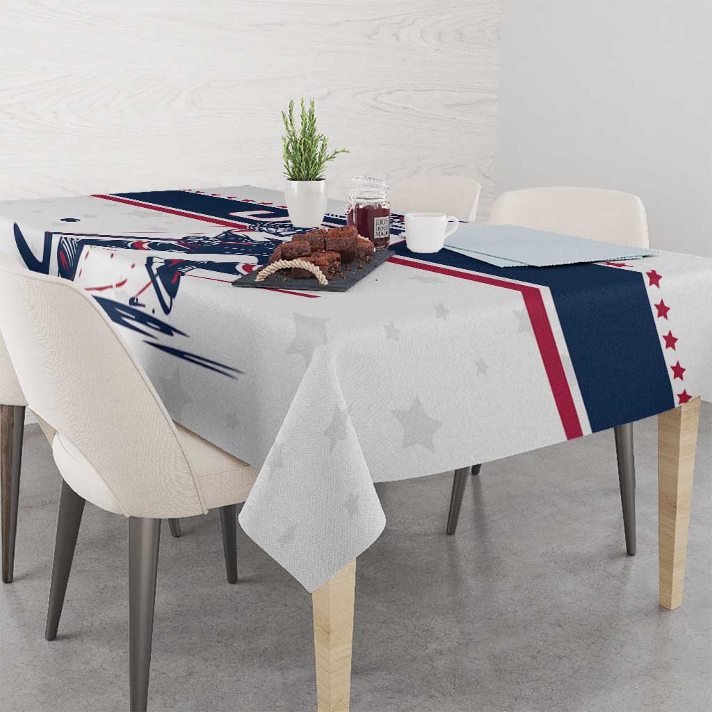 White ice hockey tablecloth with USA stars and navy/red border, hockey stick and helmet graphic