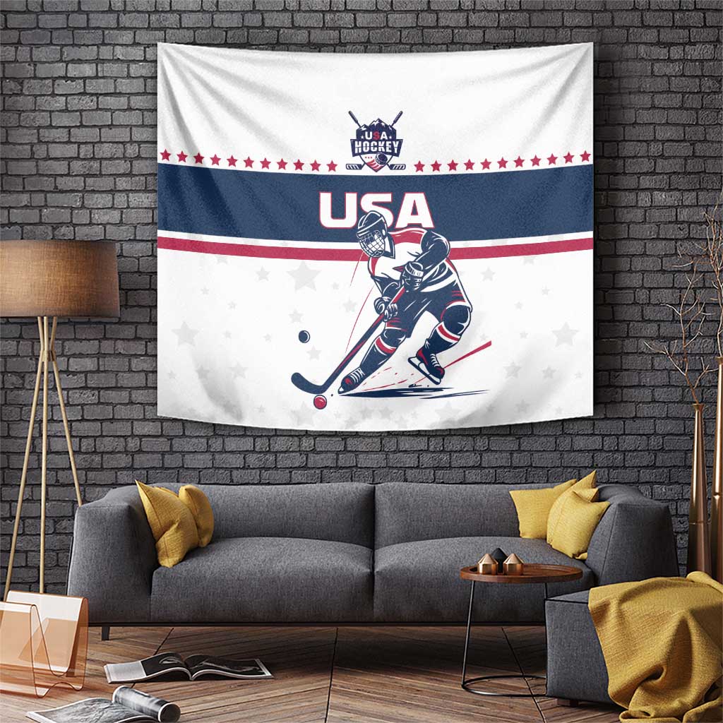 USA ice hockey wall tapestry with central player graphic, red white blue stripes, and stars