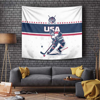 USA ice hockey wall tapestry with central player graphic, red white blue stripes, and stars