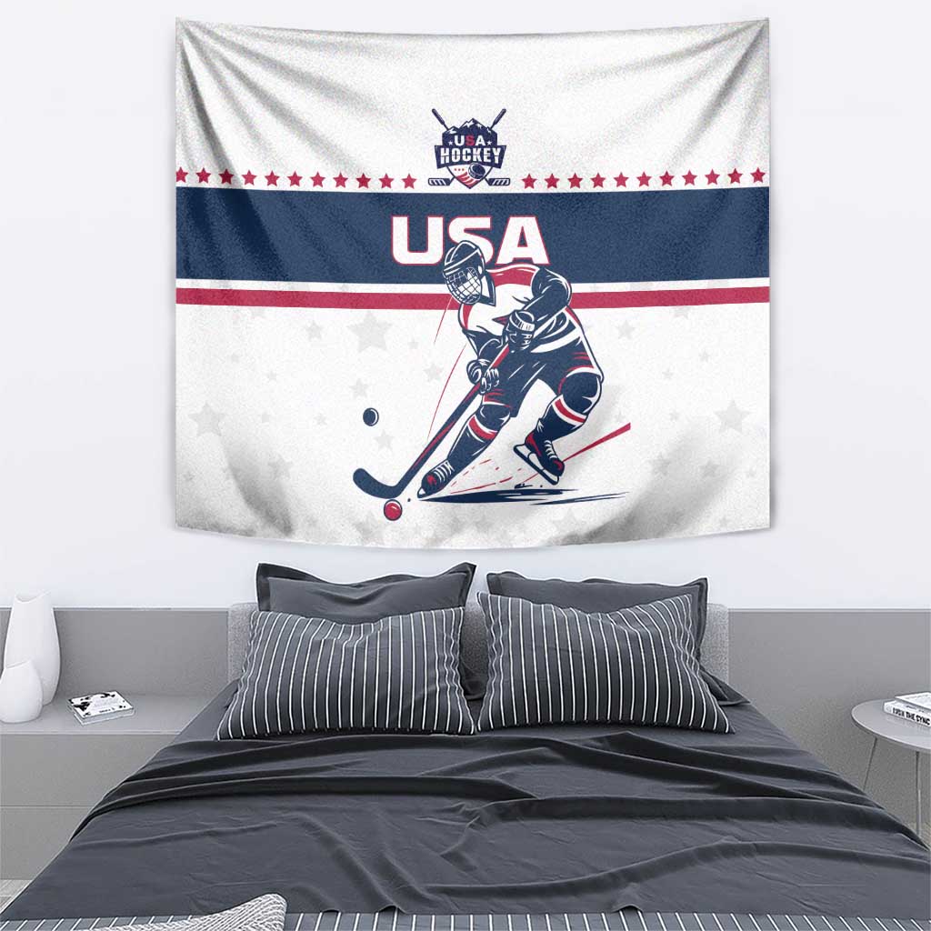 USA ice hockey tapestry hanging above bed with player design, stars, and red white blue stripes