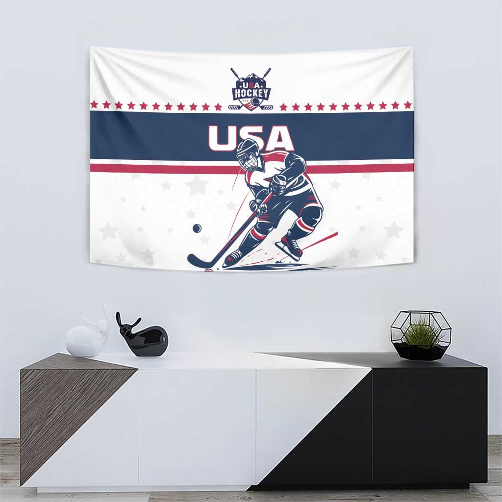 USA ice hockey tapestry on wall with player graphic, USA text, and red white blue stripe band