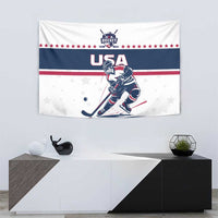 USA ice hockey tapestry on wall with player graphic, USA text, and red white blue stripe band