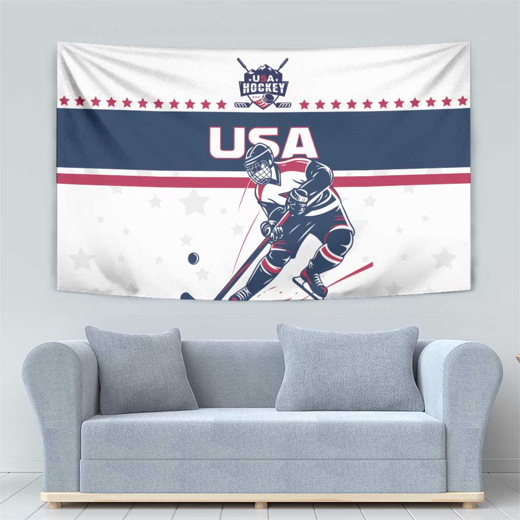 USA ice hockey tapestry mounted above sofa, featuring hockey player artwork and red white blue stripes
