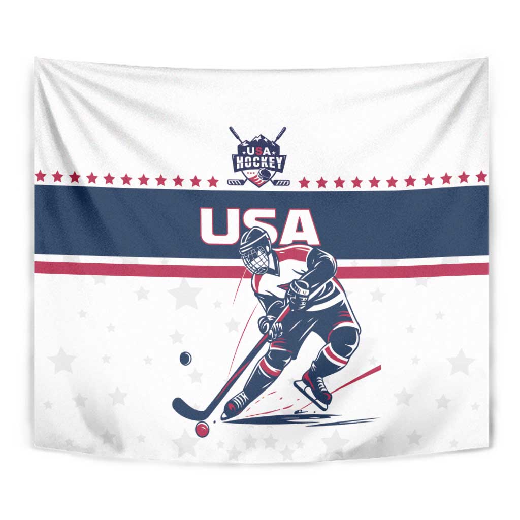 USA ice hockey tapestry close view with hockey player, USA logo, stars, and red white blue stripes