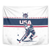 USA ice hockey tapestry close view with hockey player, USA logo, stars, and red white blue stripes