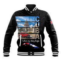 Unisex black baseball jacket with snap-button front, ribbed collar, and Cuba graphic print