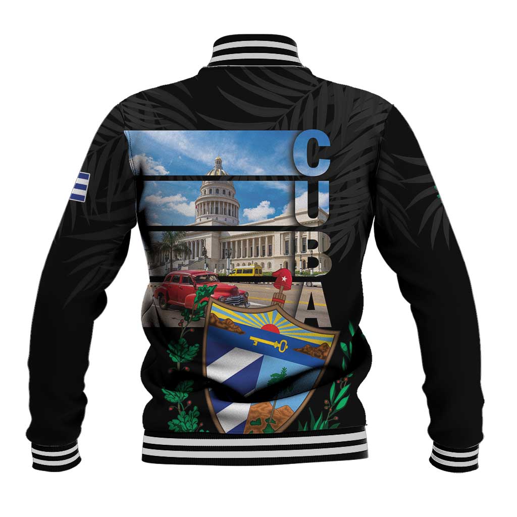 Unisex black baseball jacket with ribbed cuffs and back Cuba map and car graphic