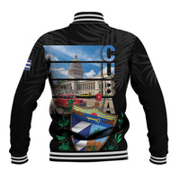 Unisex black baseball jacket with ribbed cuffs and back Cuba map and car graphic