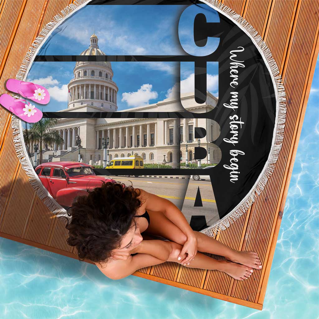 Round beach blanket with fringed edge and large city photo print, black text panel
