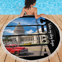 Round beach blanket with fringed edge; city photo with black panel and cursive text