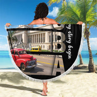 Round beach blanket with fringed edge; circular city collage with black side panel