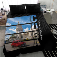 Black bedding set featuring blue-sky building, red vintage car print, and two black pillows