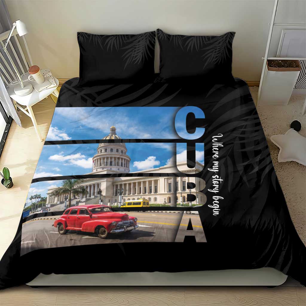 Black duvet cover set with blue sky building, red car image, and two black leaf-pattern pillows