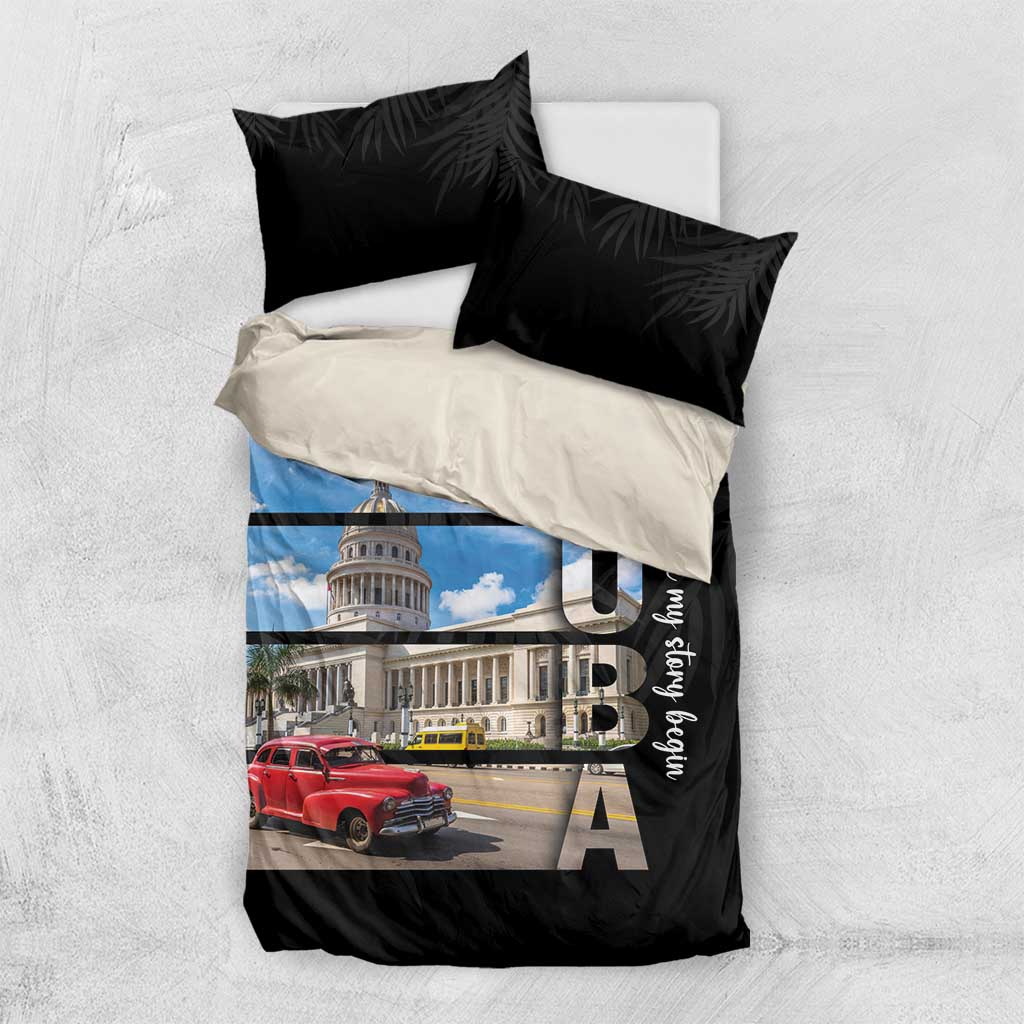 Black bedding set with blue-sky building and red car print; includes two black leaf pillows
